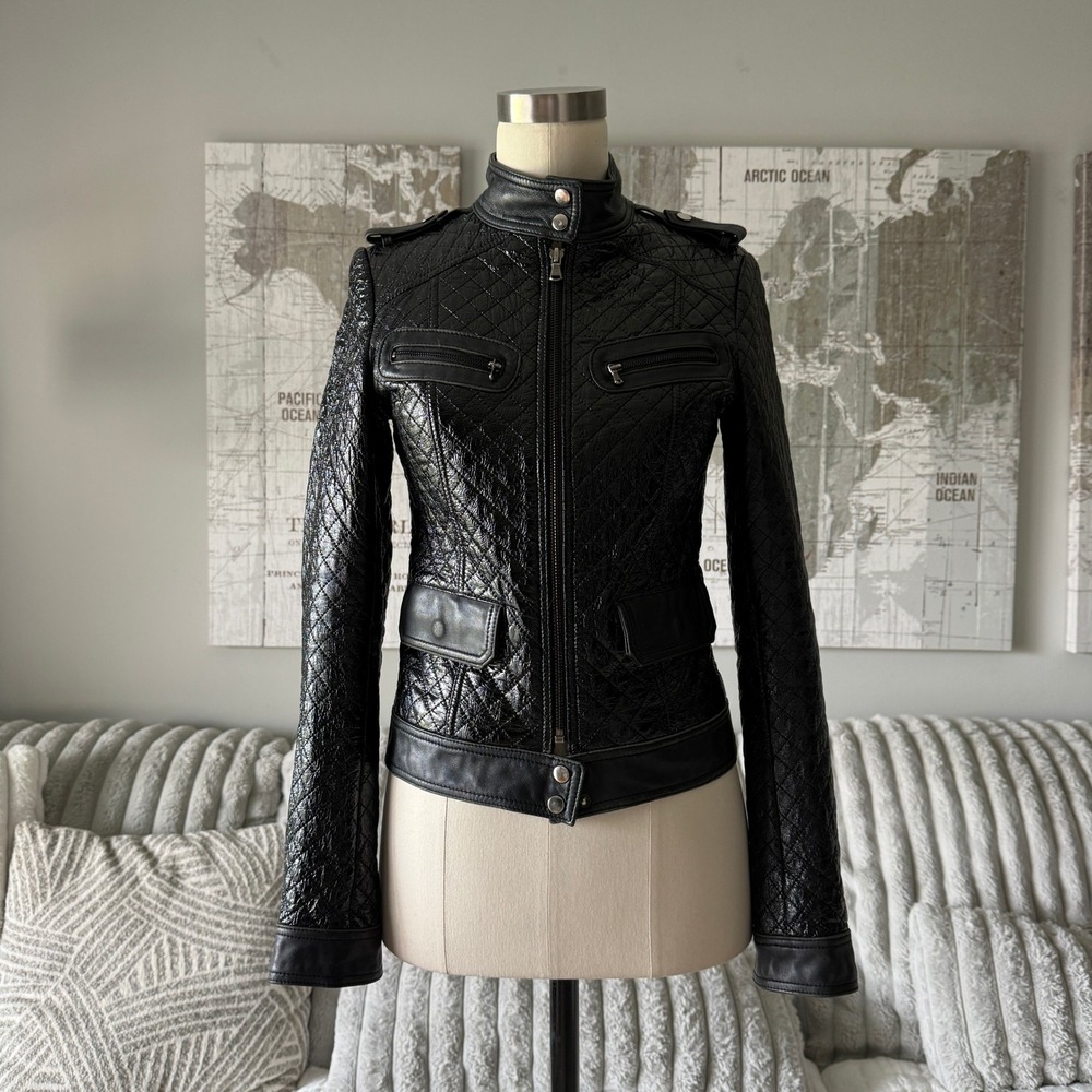 Alice + Olivia Black Quilted Patent Leather Moto Jacket 87-353-264